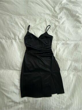 Pitaya Black Satin Wrap-Front Spaghetti Strap Mini Dress